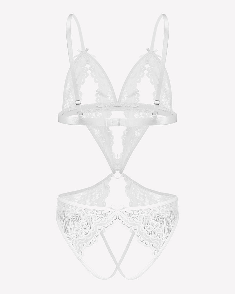 White lace deep V teddy bodysuit with adjustable straps and floral trim