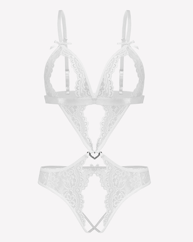 White lace deep V teddy bodysuit with strappy back and scalloped lace panels
