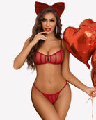 Red sheer bra and thong panty set with vertical cutouts and scalloped edges