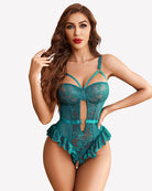 Blue-green lace crotchless mesh bodysuit with lace peplum ruffle detail