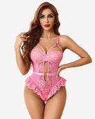 Pink lace crotchless mesh bodysuit with underwire cups and lace peplum ruffle