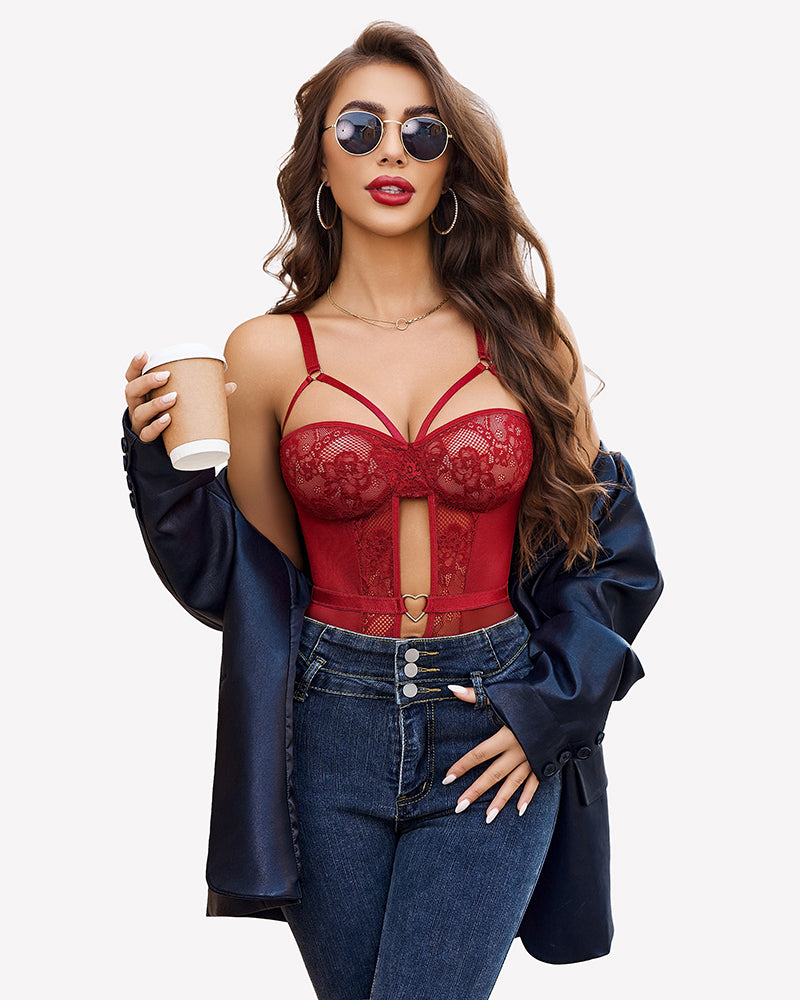 Red lace crotchless teddy bodysuit with underwire cups and lace shoulder straps