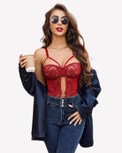 Red lace crotchless teddy bodysuit with underwire cups and lace shoulder straps