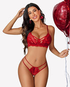 Red lace wireless bra and thong set with scalloped trim and strappy sides