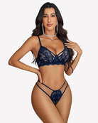 Blue lace wireless bra and thong set with crisscross front and scalloped edges