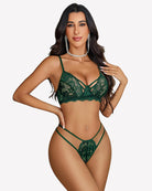 Green lace wireless bra and thong set with crisscross neckline and strappy sides