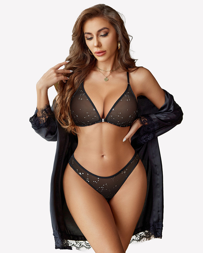 Star mesh bra and thong panty set with triangle cups and lace robe sleeves