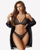 Star mesh bra and thong panty set with triangle cups and lace robe sleeves