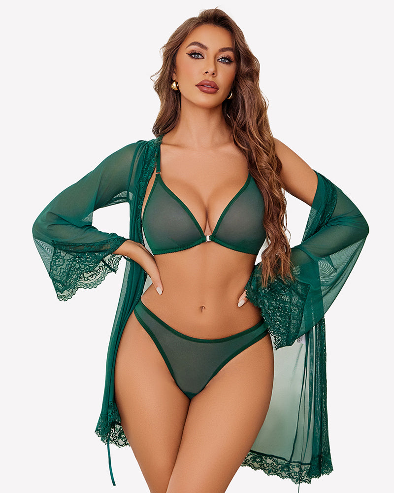 Deep green mesh triangle bra and high-cut panty set with sheer fabric