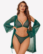 Deep green mesh triangle bra and high-cut panty set with sheer fabric