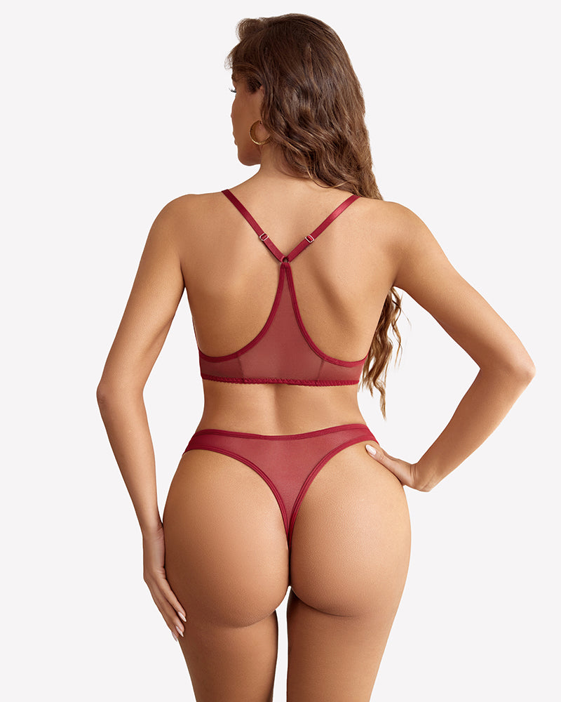 Back view wine red mesh bra and high-cut panty set with open-back strap