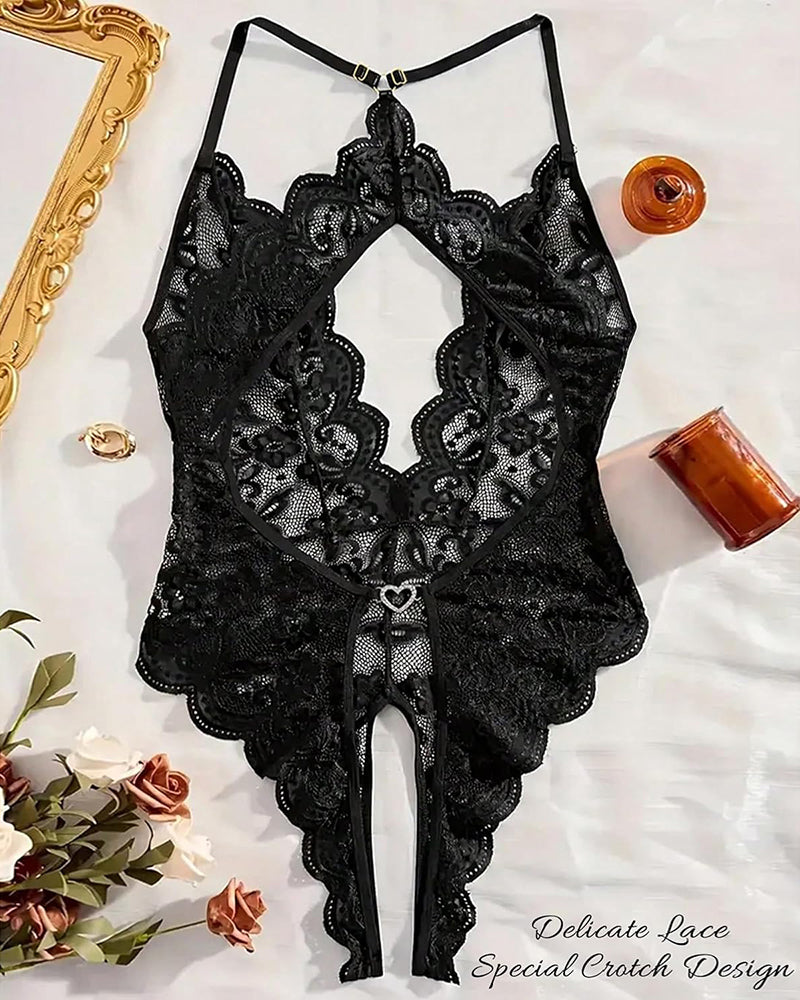 Black lace teddy bodysuit, bow front and heart detail at crotch, scalloped edges