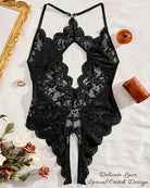 Black lace teddy bodysuit, bow front and heart detail at crotch, scalloped edges