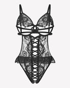 Black lace bodysuit teddy with triangle cups, straps, and lace-up panel front