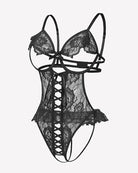 Black lace bodysuit teddy with crisscross lace-up back panel and sheer mesh