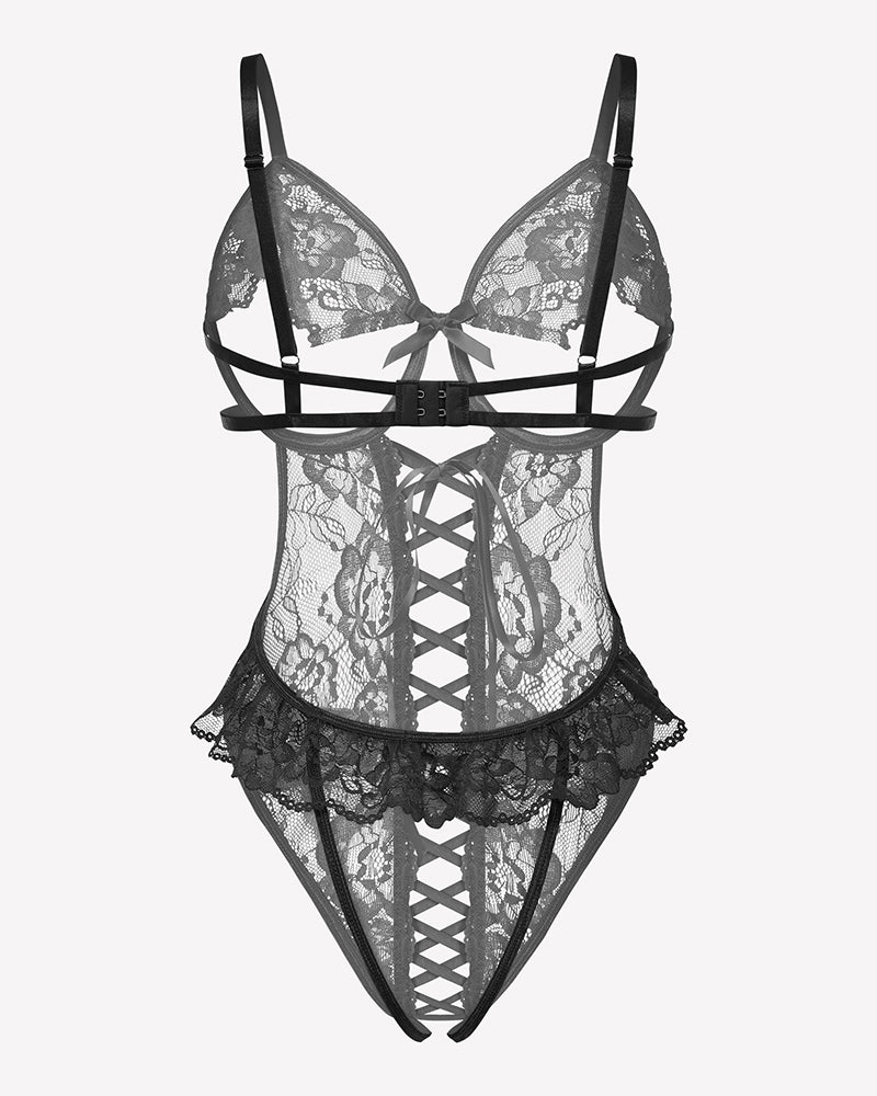 Black lace bodysuit teddy with triangle cups, lace-up center, and sheer sides