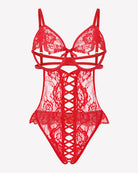 Red lace bodysuit teddy with cutout lace-up panel and scalloped cups