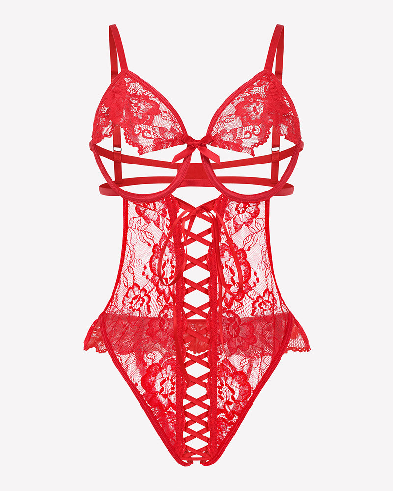 Red lace bodysuit teddy with cutout lace-up panel and scalloped cups
