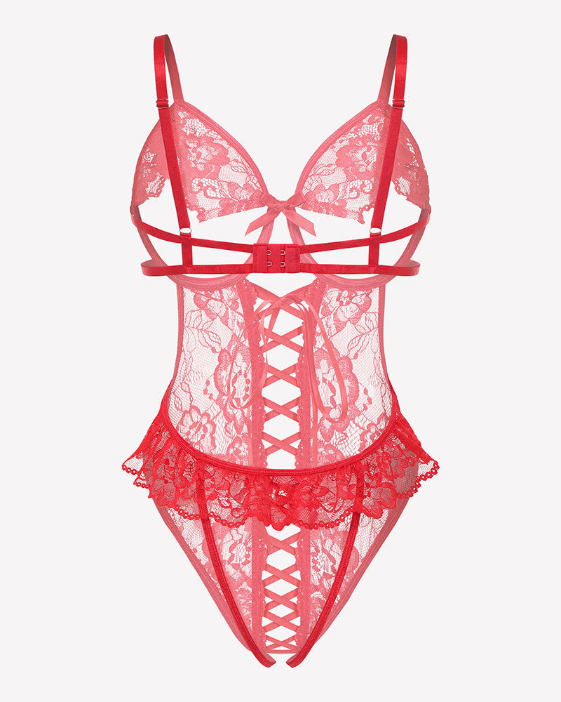 Red lace bodysuit teddy with crisscross cutout panel and lace hem trim