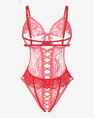 Red lace bodysuit teddy with crisscross cutout panel and lace hem trim