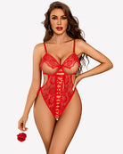 Red lace bodysuit teddy with underwire cups and central lace-up strip