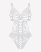 White lace bodysuit teddy with central crisscross cutout panel
