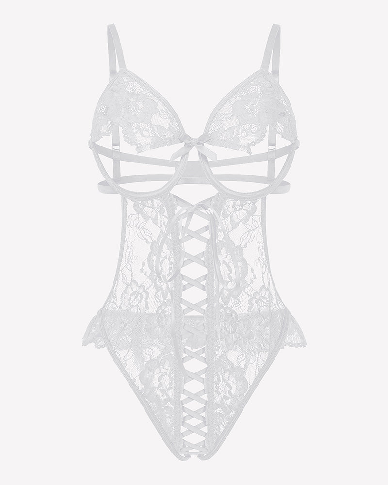 White lace bodysuit teddy with central crisscross cutout panel
