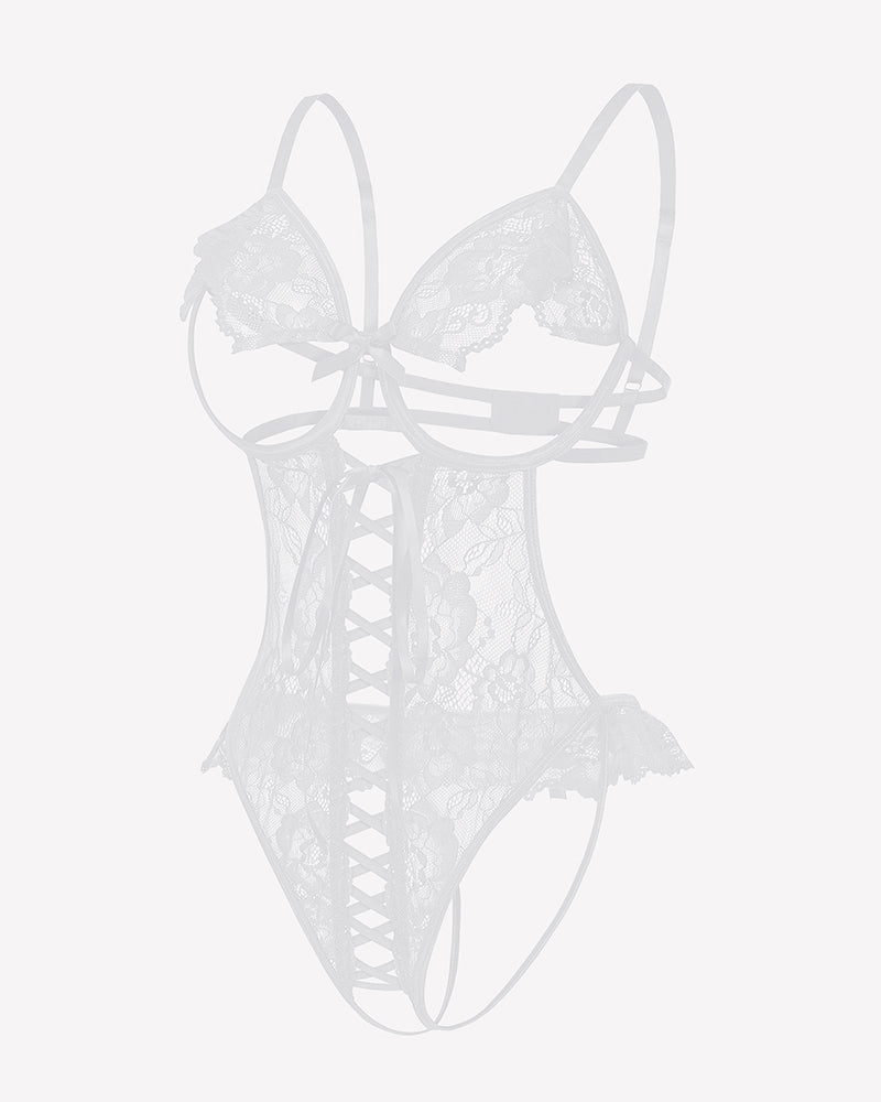 White lace bodysuit teddy with crisscross cutout front and scalloped lace hem