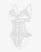 White lace bodysuit teddy with crisscross cutout front and scalloped lace hem