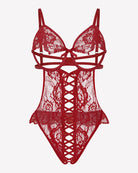 Red lace bodysuit teddy with triangle cups, crisscross front panel, scalloped hem