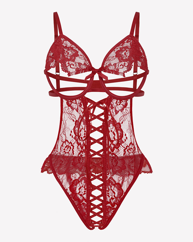 Red lace bodysuit teddy with triangle cups, crisscross front panel, scalloped hem
