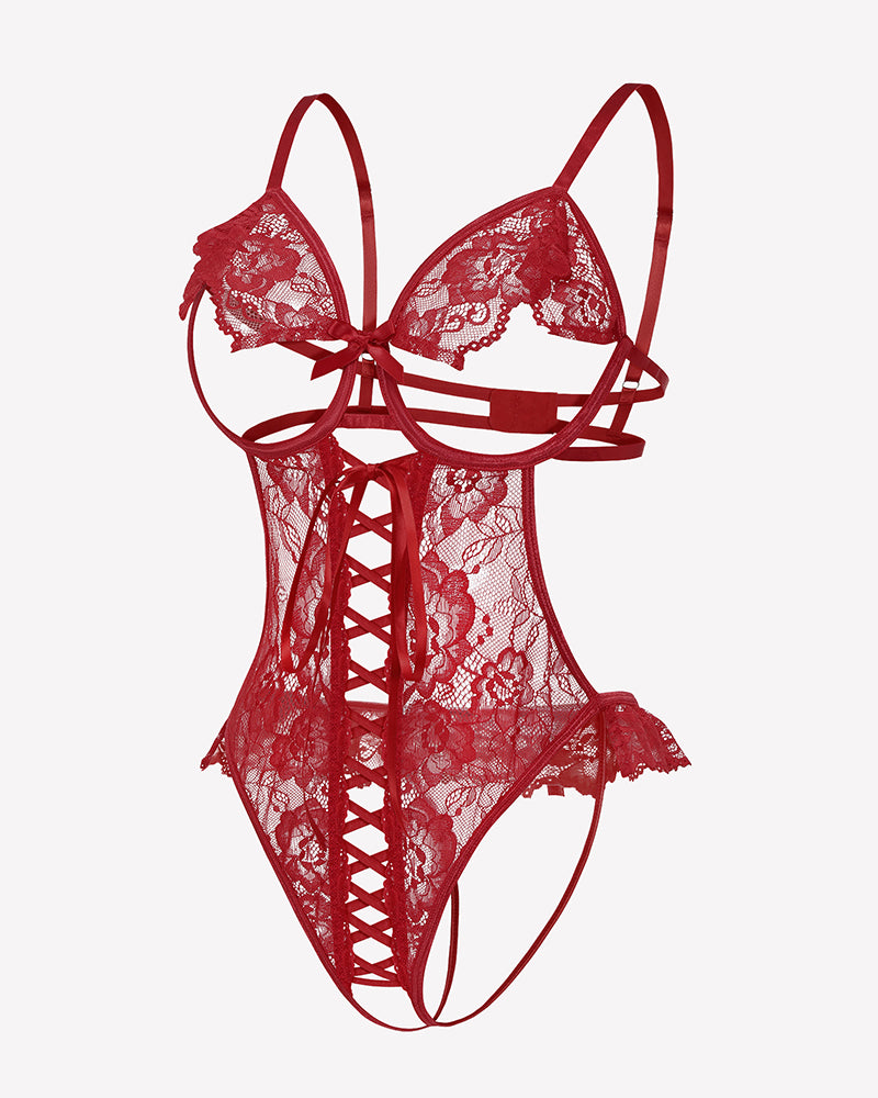 Red lace teddy bodysuit with underwire cups, crisscross front panel, ribbon tie straps