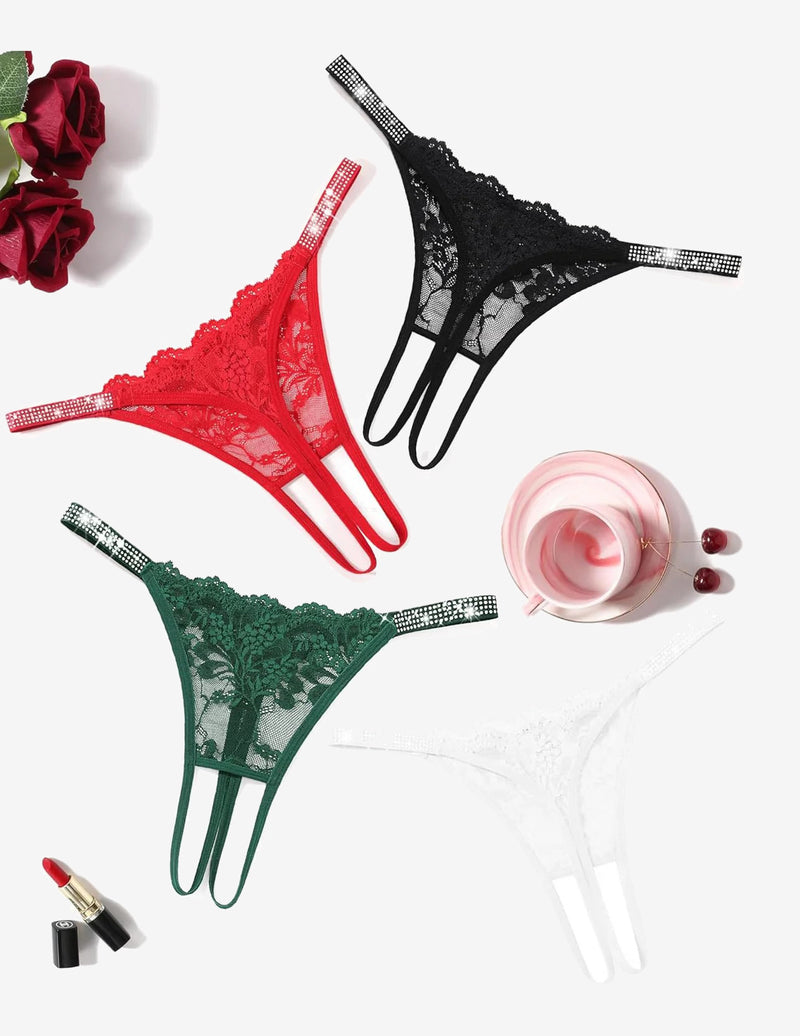 Floral lace thong panties with rhinestone straps, red and black and green