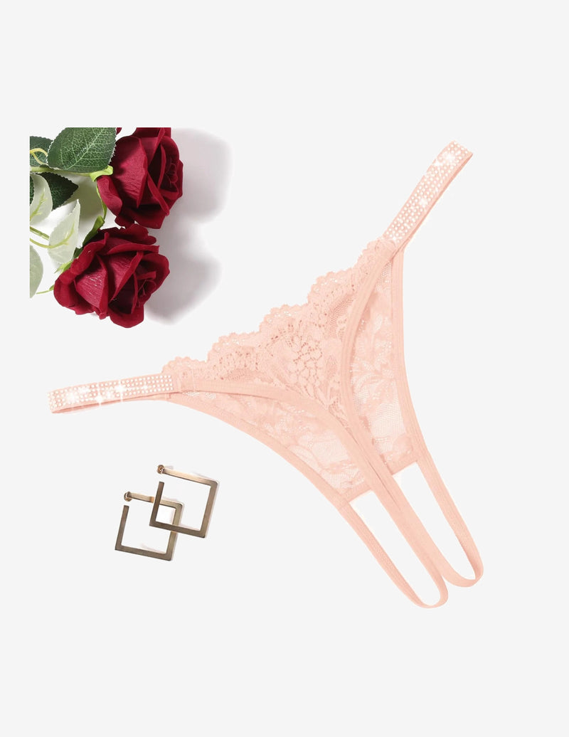 Light pink floral lace rhinestone strap thong-style briefs with long side strings