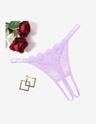 Lilac floral lace rhinestone strap thong-style briefs with long side strings