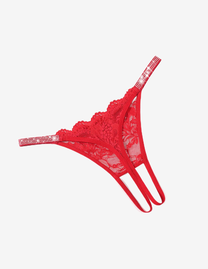 Red floral lace rhinestone strap thong-style briefs with long side strings