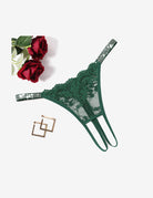 Green floral lace rhinestone strap thong-style briefs with long side strings