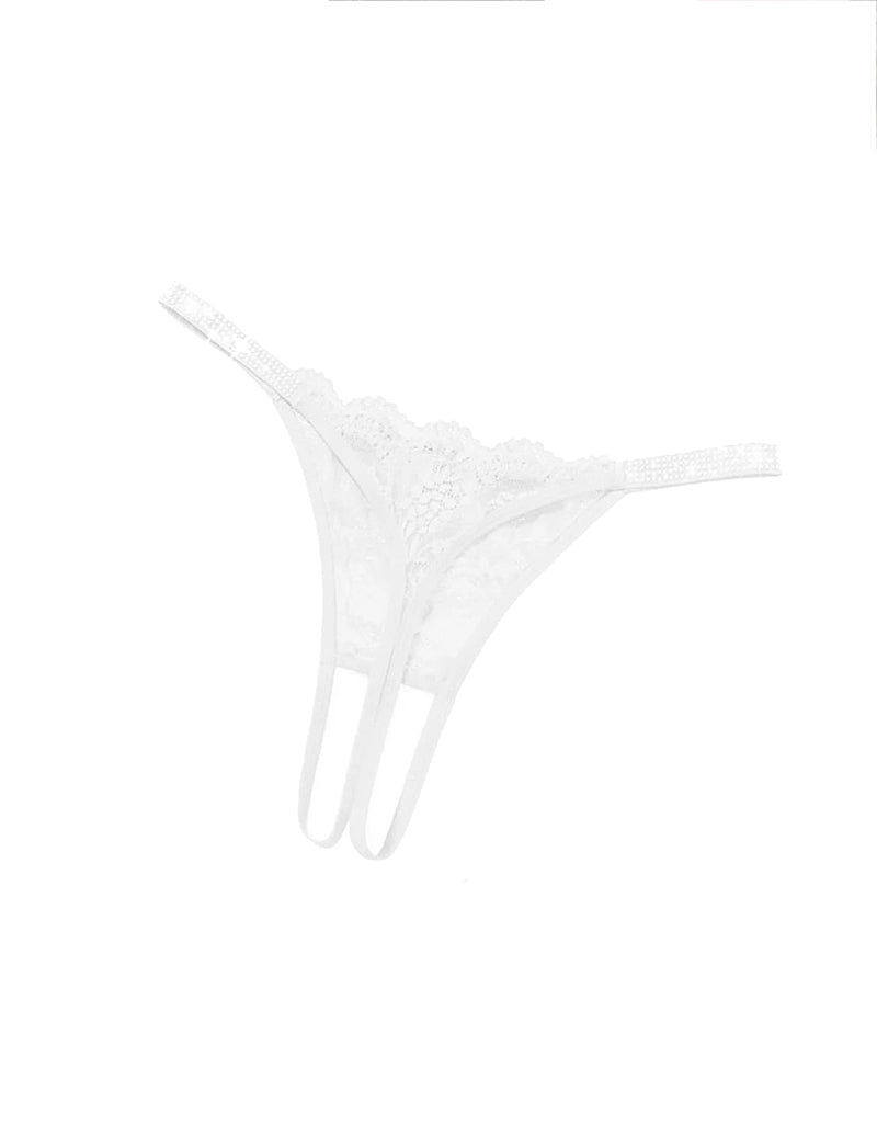 White floral lace rhinestone strap thong-style briefs with long side strings