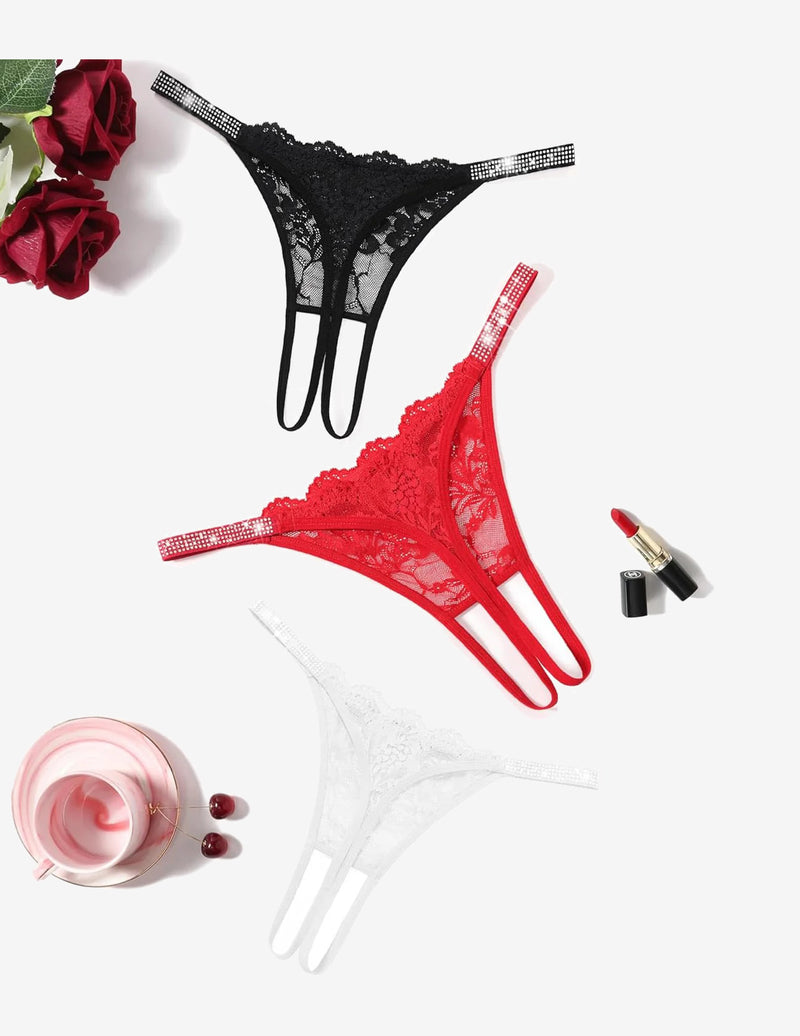 Floral lace thong panties with rhinestone straps, black and red