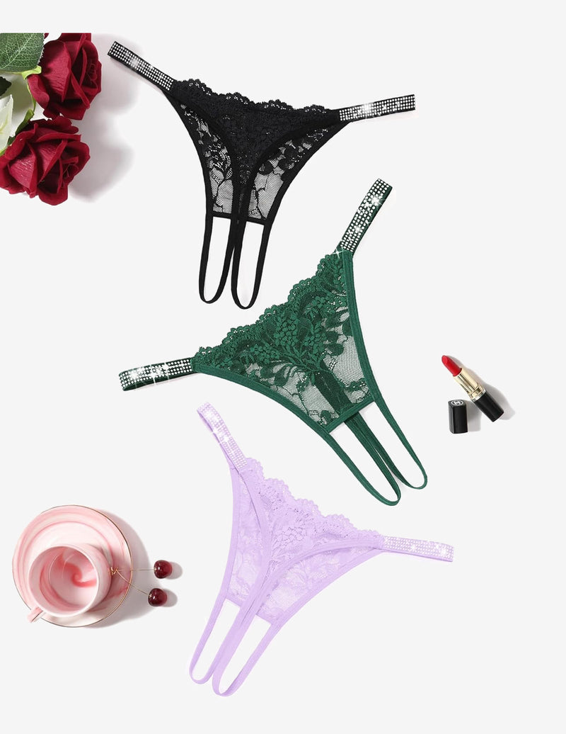 Floral lace thong panties with rhinestone straps, black, green, lilac