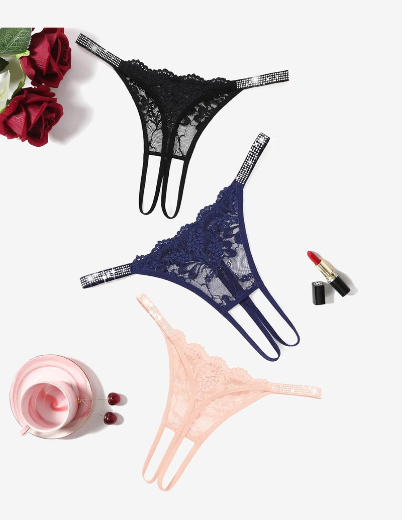 Floral lace thong panties with rhinestone straps, black, navy, peach