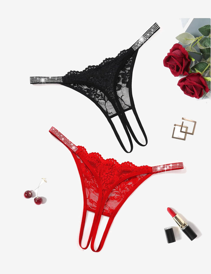 Floral lace thong panties with rhinestone straps, black and red