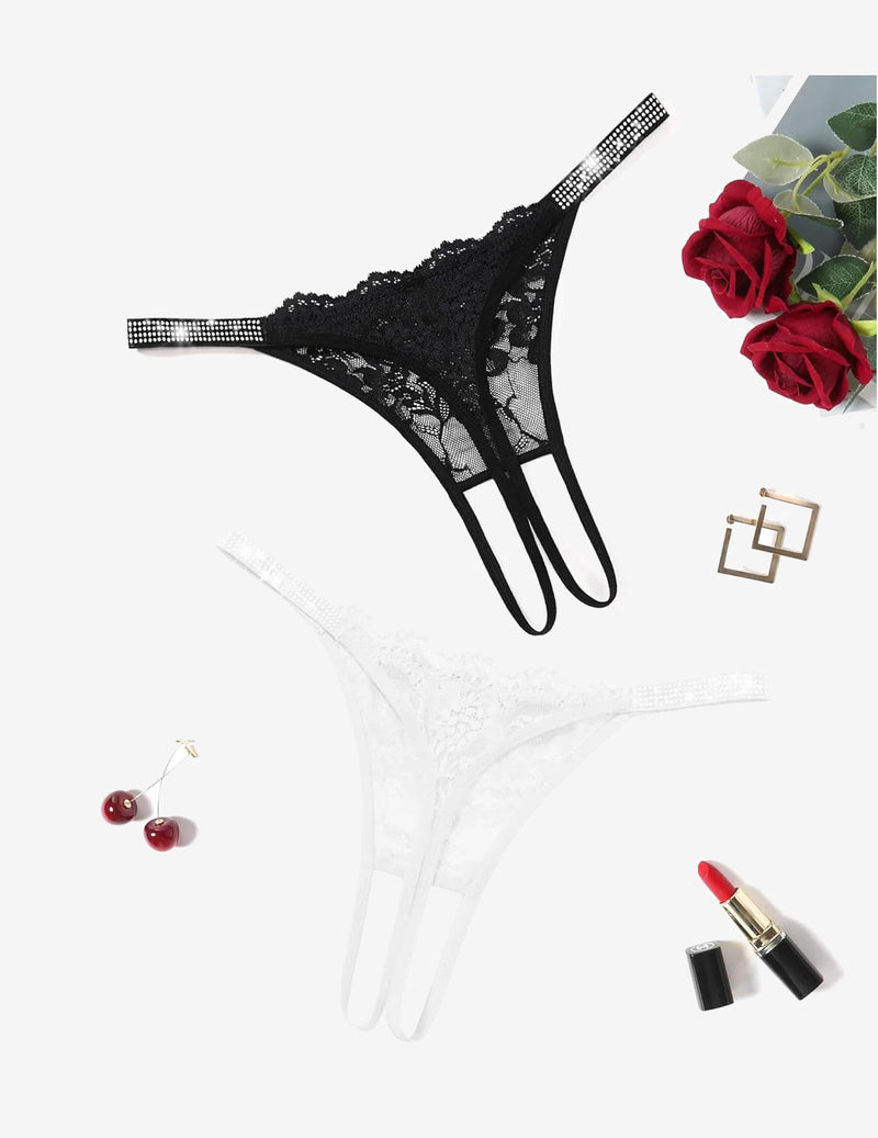 Floral lace thong panties with rhinestone straps, black and white