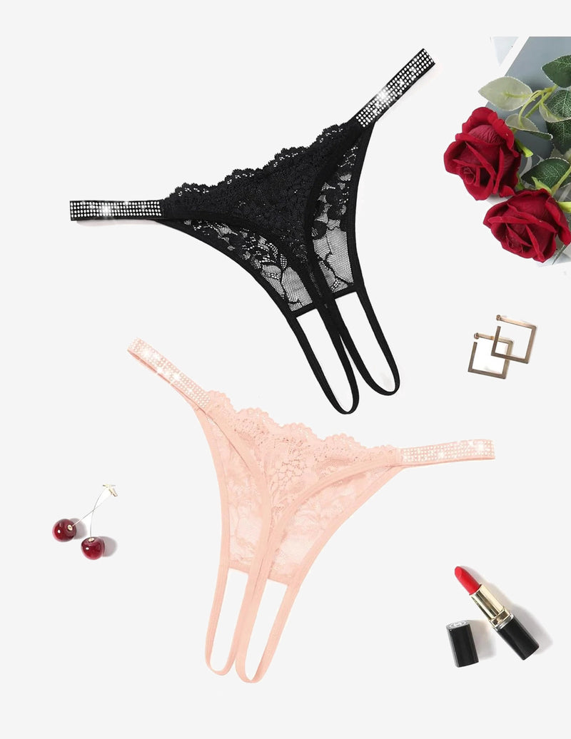 Black floral lace rhinestone strap thong-style briefs with long side strings
