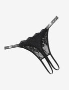 Black floral lace rhinestone strap thong-style briefs with long side strings