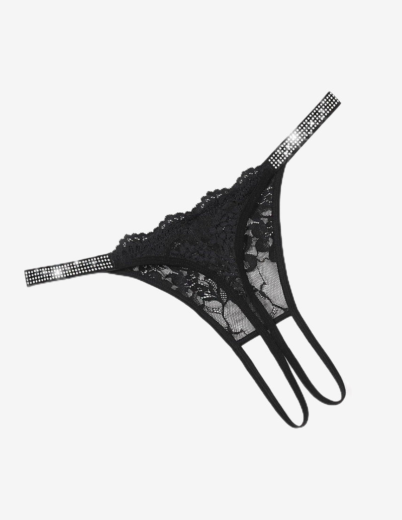 Black floral lace rhinestone strap thong-style briefs with long side strings