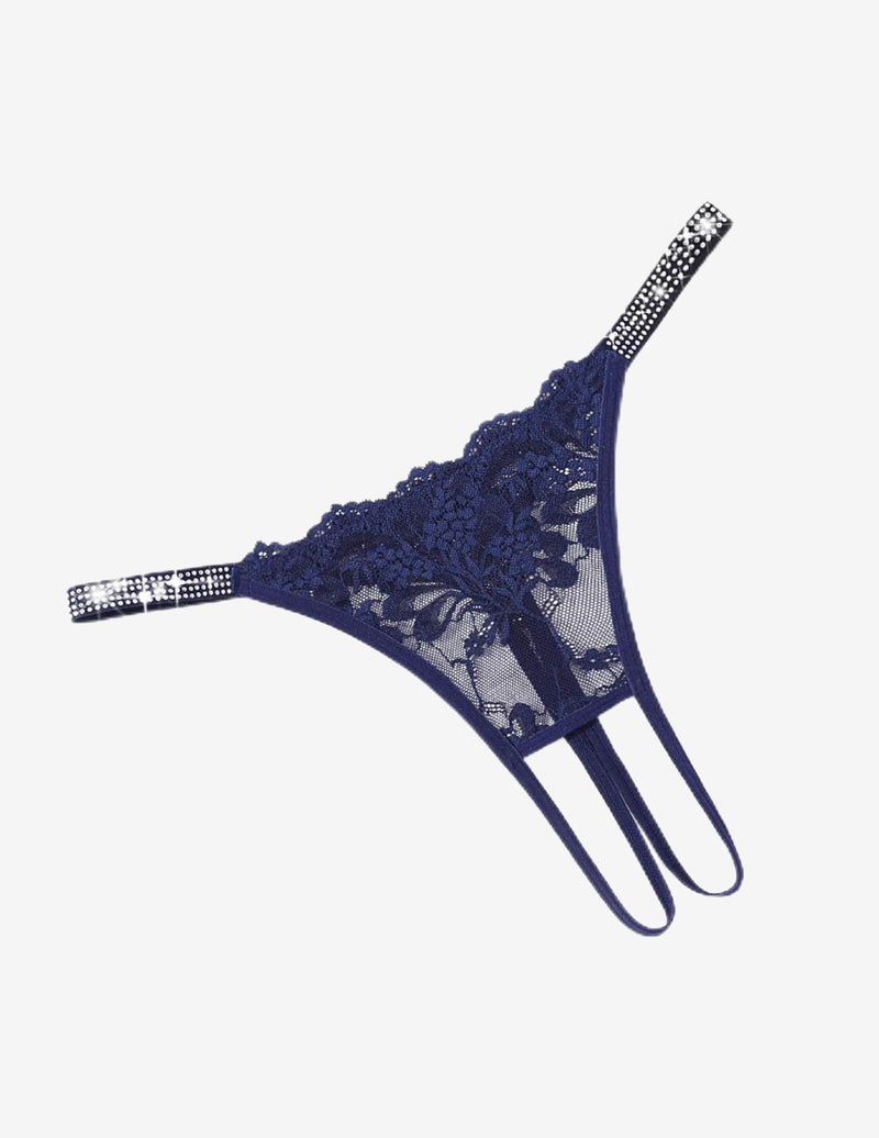 Navy floral lace rhinestone strap thong-style briefs with long side strings