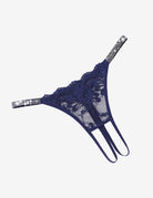 Navy floral lace rhinestone strap thong-style briefs with long side strings