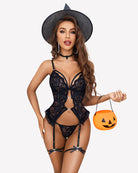 Black lace corset one-piece with garter straps and heart cutout detail