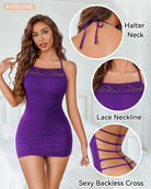 Purple cotton halter chemise with lace neckline and backless crisscross straps